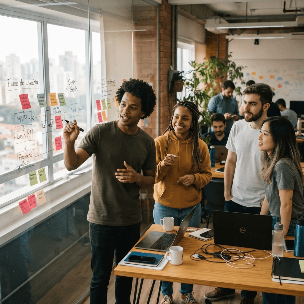 Equipe da INNOVEREND trabalhando junto em um escritório claro