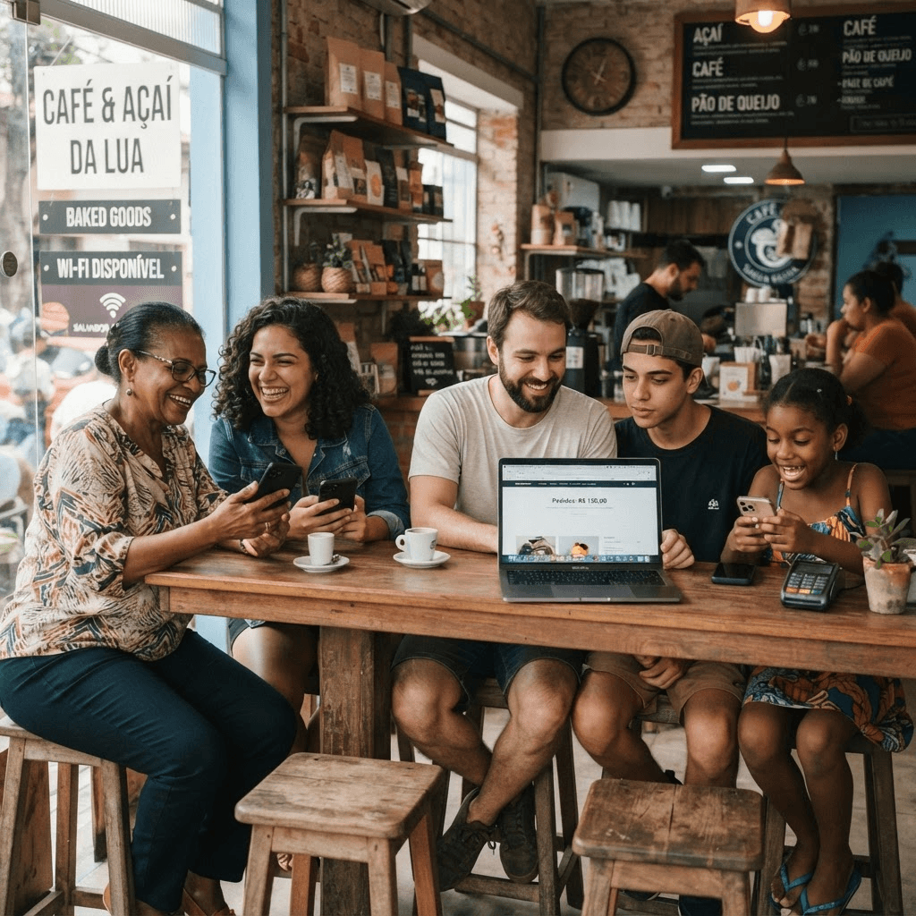 Pessoas de diferentes idades usando celulares e notebook juntas no balcão de um pequeno comércio